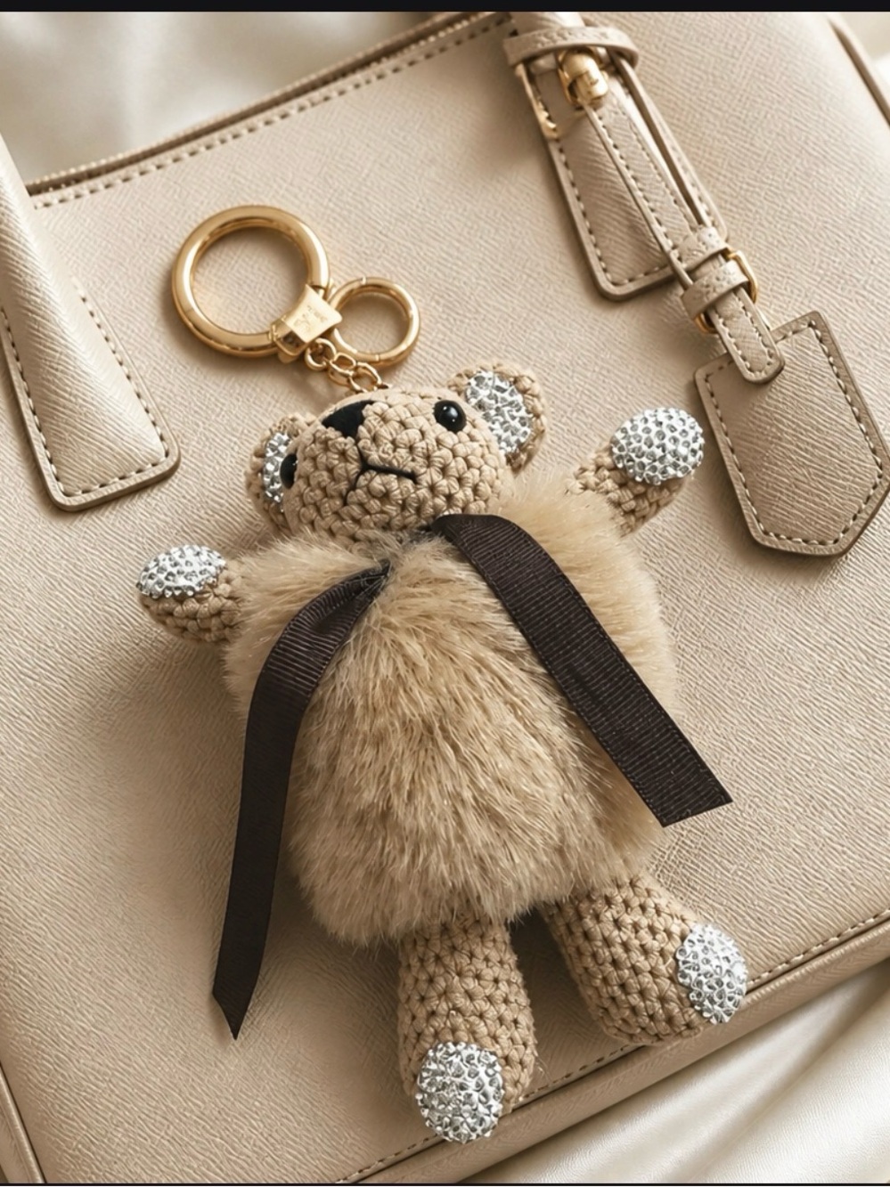 Beige Plush Bear Keychain with Crystal Accents - NWT Accessories